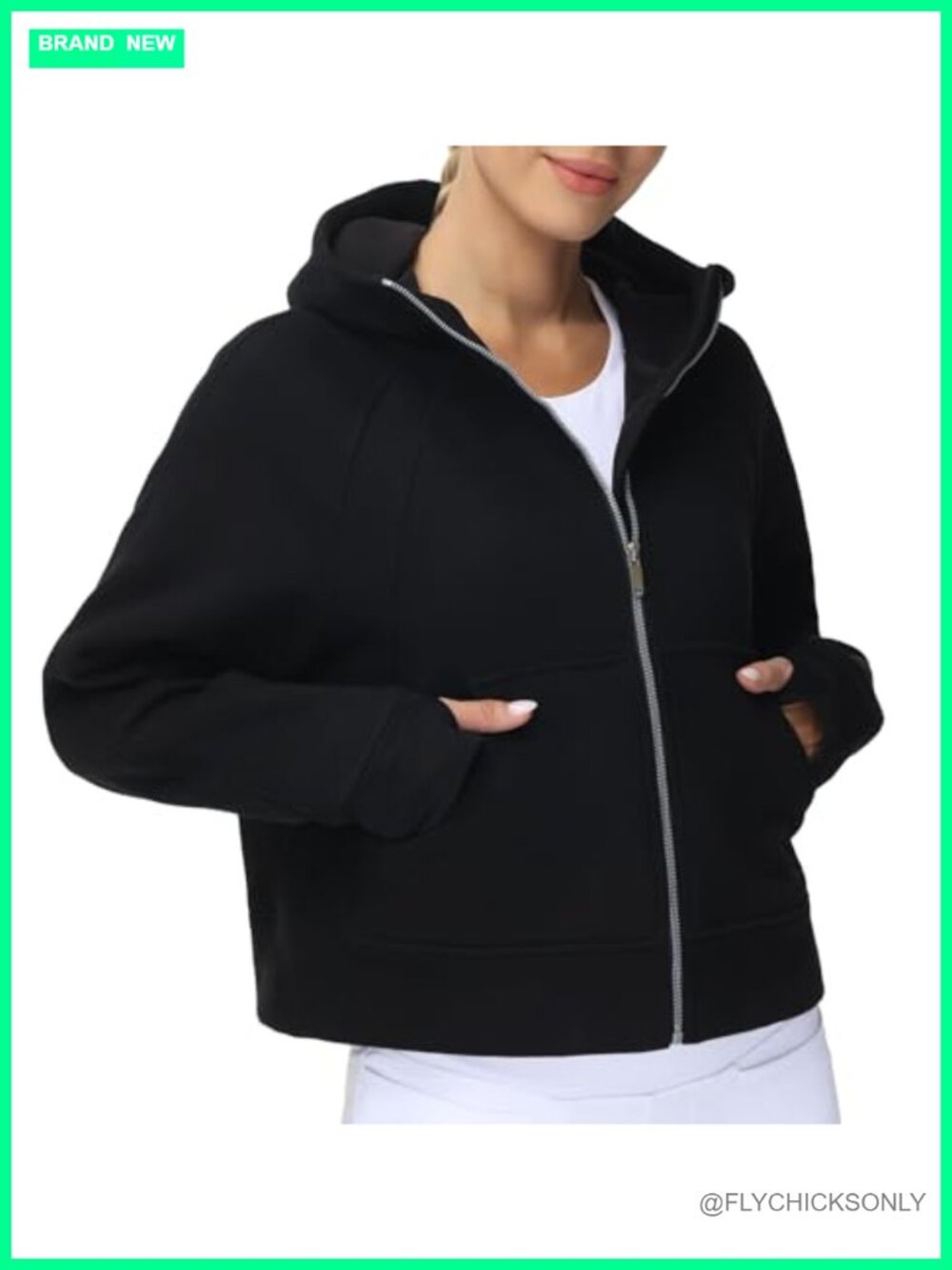 Fleece Lined Full Zip Hoodie Crop Sweatshirt with Thumb Holes Kangaroo Pockets